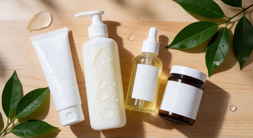 mejor producto para fortalecer el cabello, Juego de productos de cuidado capilar y suplementos sobre una mesa de madera.