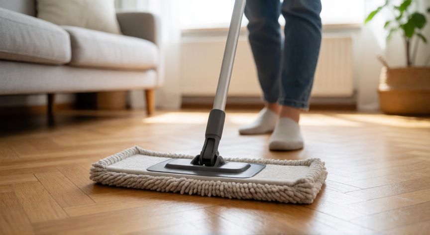 mejor producto para fregar el parquet, Persona fregando suelo de parquet con mop de microfibra