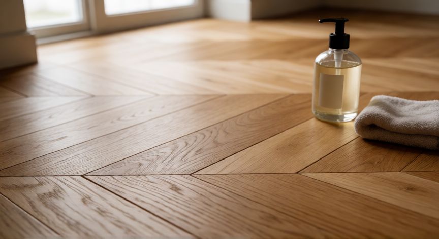 mejor producto para fregar el parquet, Suelo de parquet con producto de limpieza y paño seco