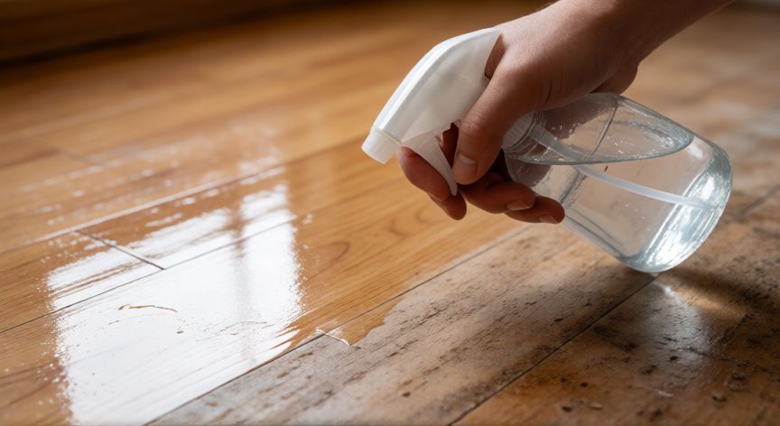 mejor producto para fregar el suelo, Fregona aplicando limpiador en suelo de madera laminada