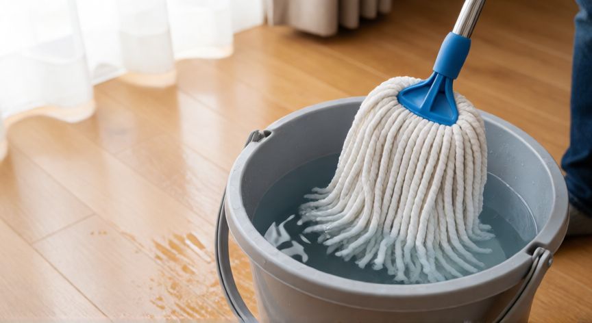 mejor producto para fregar el suelo, Fregona de microfibra exprimiéndose en un cubo de agua