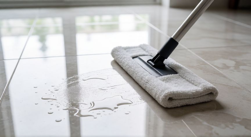 mejor producto para fregar el suelo porcelánico, Fregona de microfibra limpiando suelo de porcelánico brillante con agua
