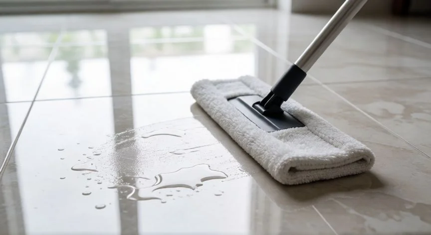 Fregona de microfibra limpiando suelo de porcelánico brillante con agua