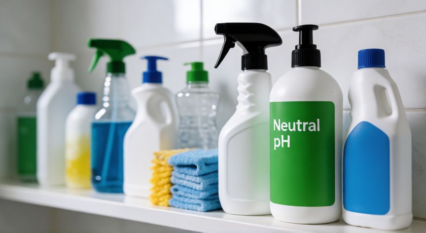 mejor producto para fregar el suelo porcelánico, Botellas de limpiadores de suelo en un estante de baño, resaltando el producto adecuado