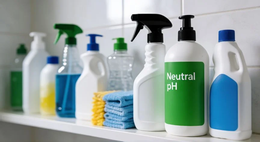mejor producto para fregar el suelo porcelánico, Botellas de limpiadores de suelo en un estante de baño, resaltando el producto adecuado