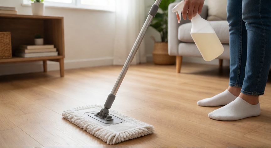 mejor producto para fregar tarima flotante, Persona fregando suelo de tarima flotante con fregona de microfibra