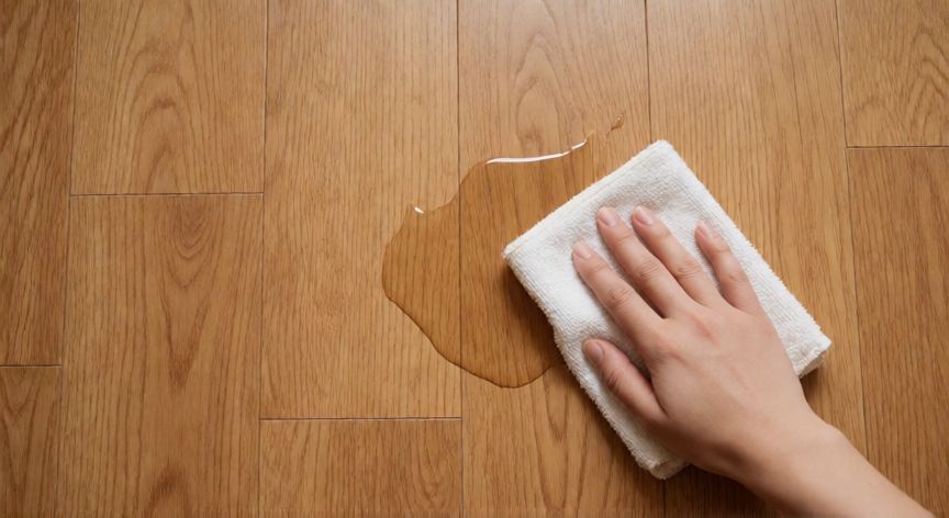 mejor producto para fregar tarima flotante, Detalle de suelo de vinilo con paño de microfibra para limpieza seca