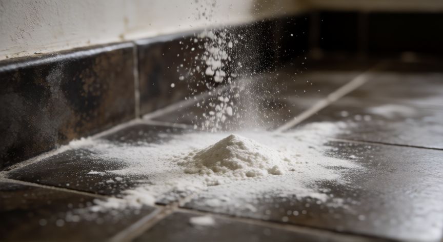 mejor producto para fumigar cucarachas, Polvo de diatomea aplicado en el suelo de la cocina