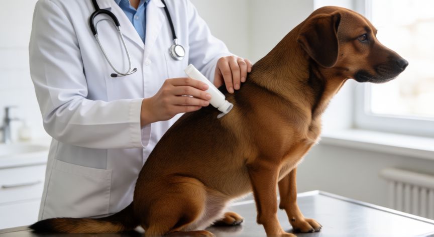 mejor producto para fumigar garrapatas, Veterinario aplicando tratamiento antiparasitario en un perro