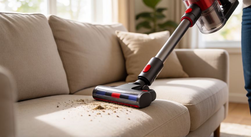 mejor producto para fumigar garrapatas, Aspiradora limpiando un sofá en una sala de estar para eliminar parásitos