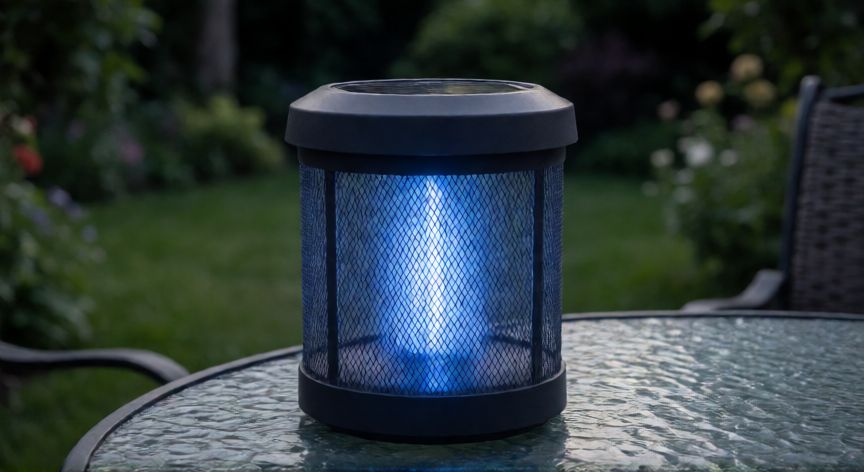 mejor producto para fumigar mosquitos, Trampa óptica de mosquitos con luz LED en un jardín