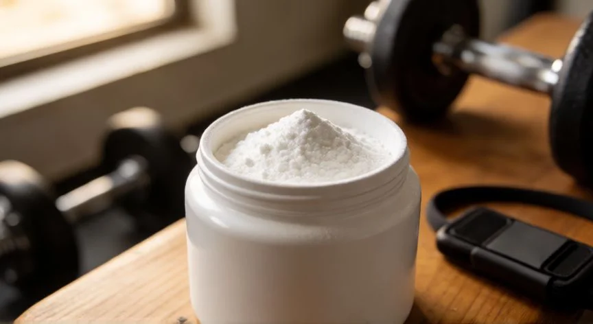Envase de creatina monohidrato en un gimnasio