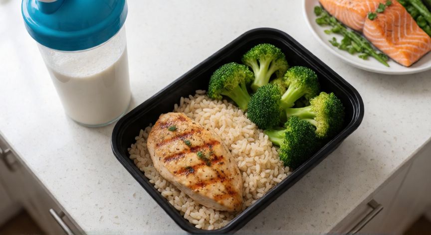 mejor producto para ganar masa muscular, Comida saludable con proteína y un batido de proteína