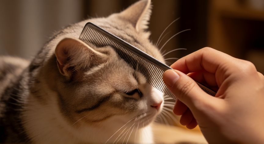 mejor producto para garrapatas, Peinado de un gato con peine especial para eliminar parásitos