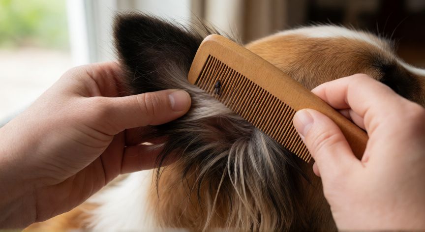 mejor producto para garrapatas perros, Dueño revisando orejas de perro con peine finas para detectar garrapatas