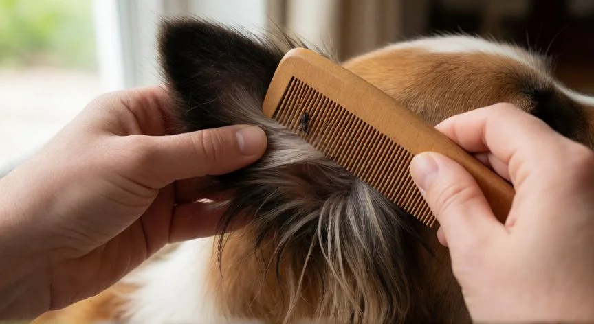 mejor producto para garrapatas perros, Dueño revisando orejas de perro con peine finas para detectar garrapatas