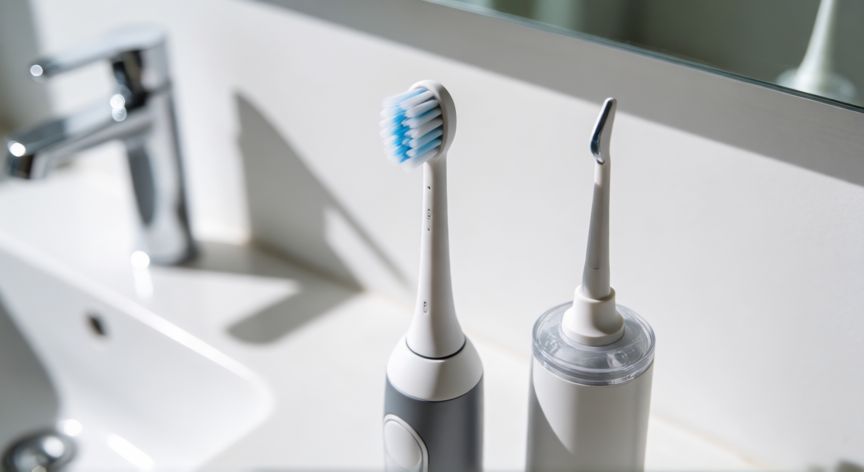 mejor producto para gingivitis, Cepillo eléctrico y colutorio dental sobre encimera de baño