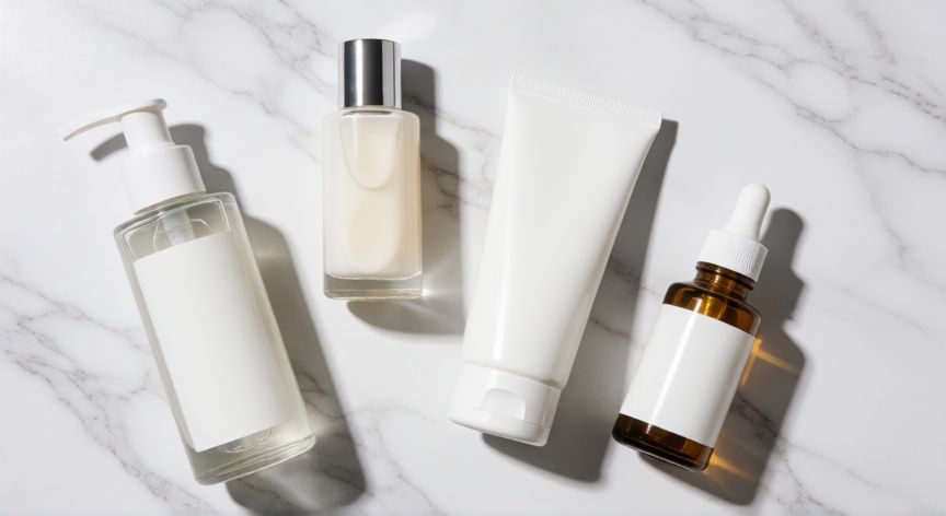 mejor producto para granos, Juego de productos de dermocosmética sobre fondo blanco