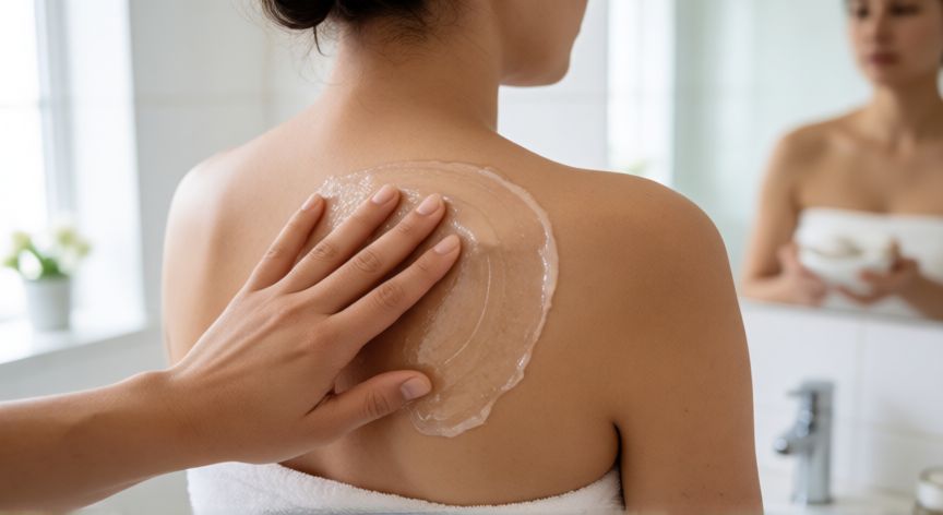 mejor producto para granos espalda, Aplicación de gel de tratamiento en la espalda como parte de la rutina de cuidado
