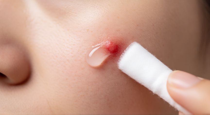 mejor producto para granos localizados, Aplicación localizada de suero con ácido salicílico sobre un grano rojo