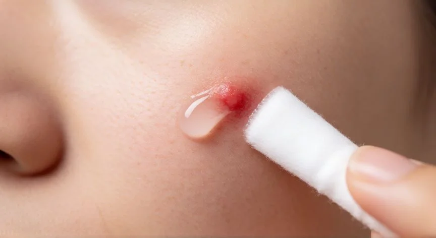 Aplicación localizada de suero con ácido salicílico sobre un grano rojo