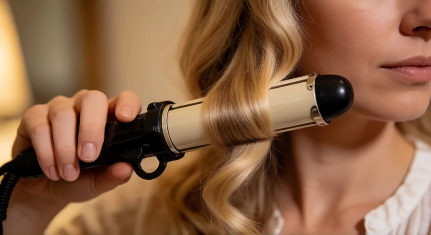 Mujer rizando el cabello con un cerril de varilla fina para crear ondas suaves