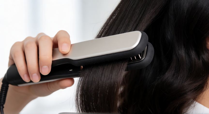 mejor producto para hacer ondas en el pelo, Uso de una plancha con almohadillas laterales para crear ondas naturales en cabello oscuro