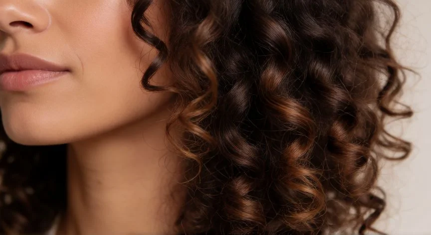 Mujer con rizos definidos y brillantes mostrando la textura del cabello