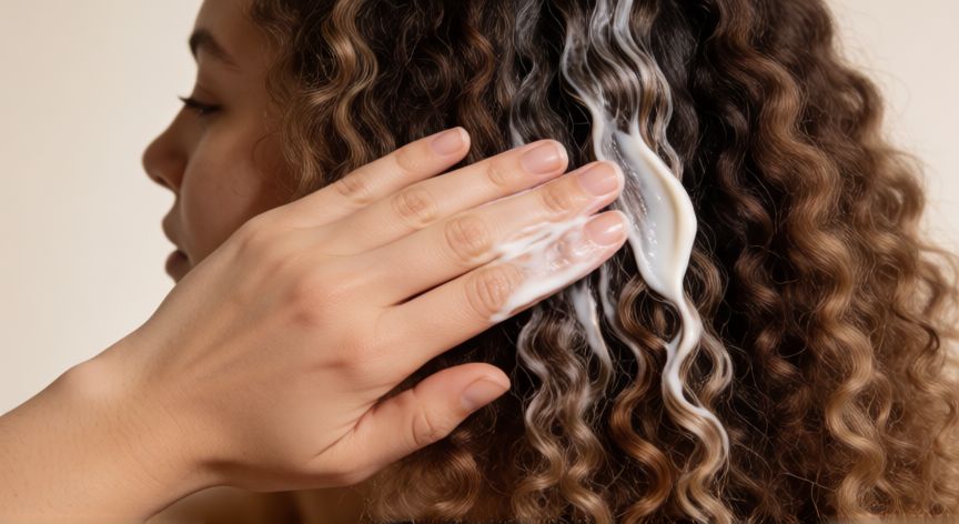 mejor producto para hidratar el pelo rizado, Manos aplicando crema hidratante sobre cabello rizado