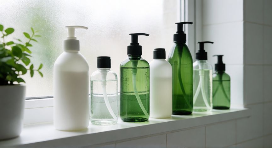 mejor producto para hidratar el pelo rizado, Estantería de baño con productos de cuidado capilar organizados