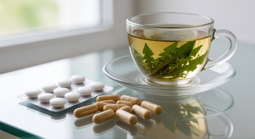 mejor producto para hinchazón abdominal, Enzimas digestivas, pastillas de simeticona e infusiones de hierbas sobre una mesa