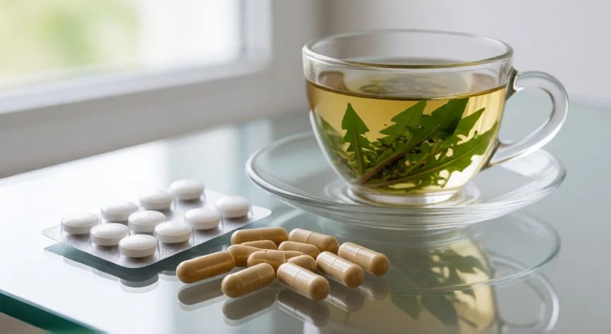 Enzimas digestivas, pastillas de simeticona e infusiones de hierbas sobre una mesa