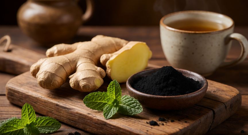 mejor producto para hinchazón abdominal, Jengibre fresco, hojas de menta y carbón activado en una tabla de madera