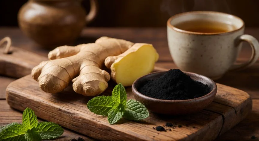 mejor producto para hinchazón abdominal, Jengibre fresco, hojas de menta y carbón activado en una tabla de madera