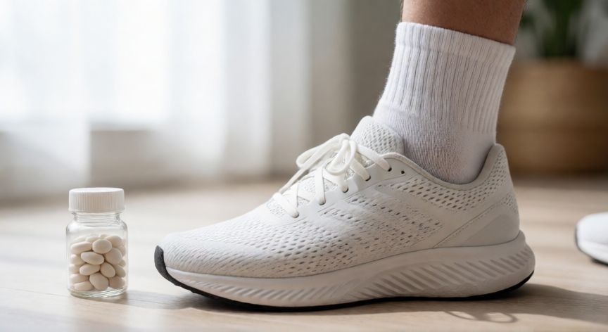 mejor producto para hongos uñas pies, Pie con calcetín blanco y zapato transpirable junto a pastillas de medicación oral