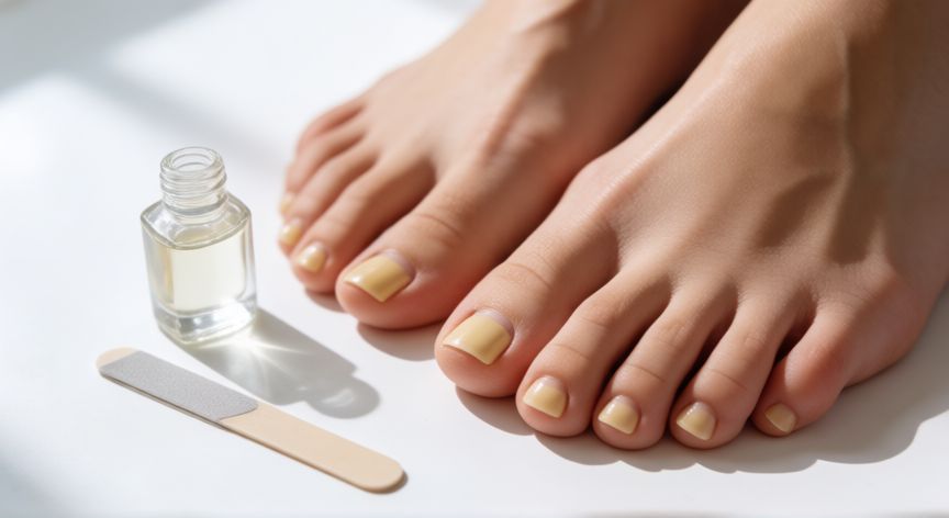 mejor producto para hongos uñas pies farmacia, Pies con uña afectada por hongos junto a bote de barniz antifúngico y lima