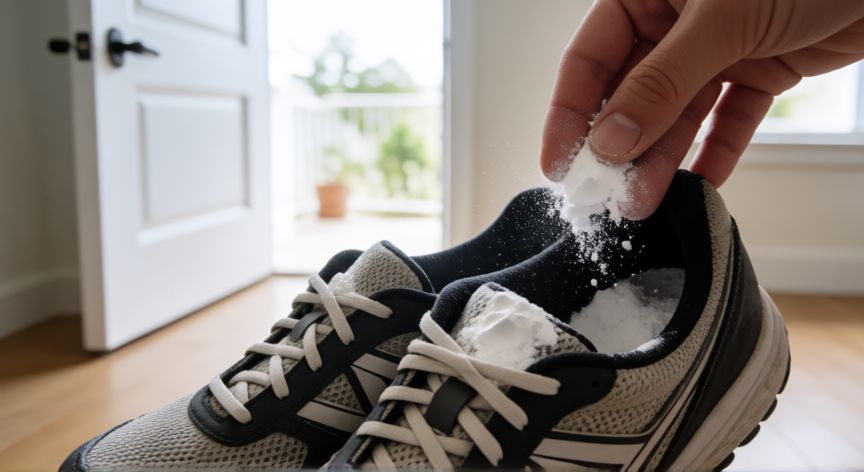 mejor producto para hongos uñas pies farmacia, Aplicación de polvo antifúngico en el interior de unas zapatillas deportivas