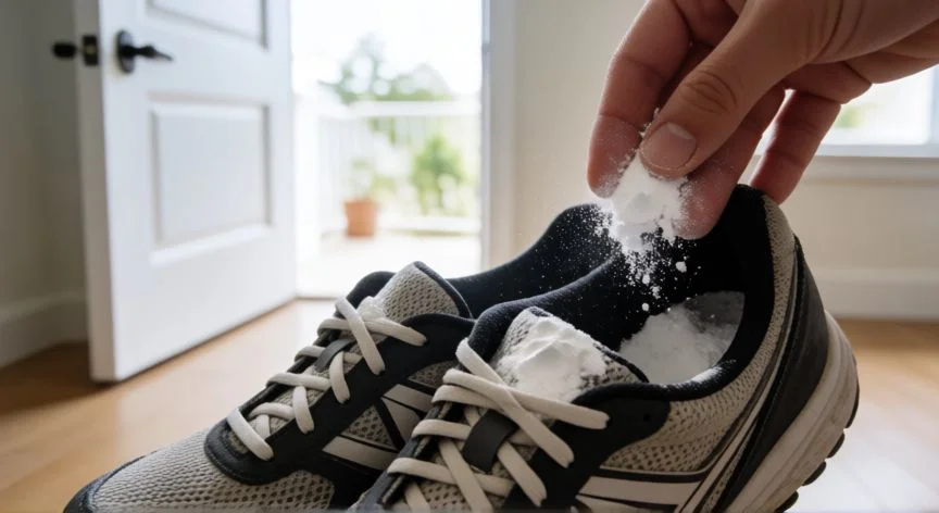 mejor producto para hongos uñas pies farmacia, Aplicación de polvo antifúngico en el interior de unas zapatillas deportivas