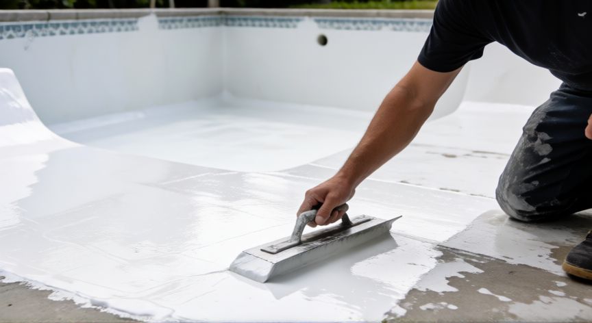 mejor producto para impermeabilizar piscinas, Aplicación de producto autonivelante epoxi en el fondo de una piscina vacía