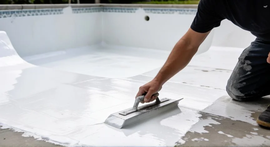 mejor producto para impermeabilizar piscinas, Aplicación de producto autonivelante epoxi en el fondo de una piscina vacía