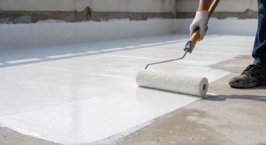 mejor producto para impermeabilizar terrazas, Profesional aplicando pintura impermeabilizante acrílica en terraza de concreto