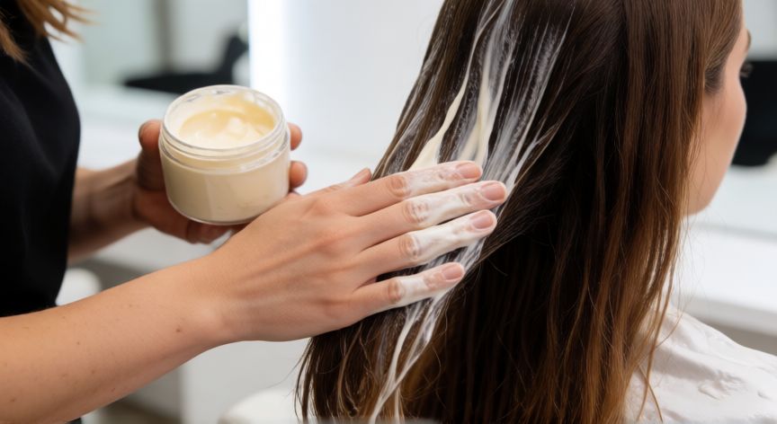 mejor producto para keratina, Estilista aplicando mascarilla de keratina en salón de belleza