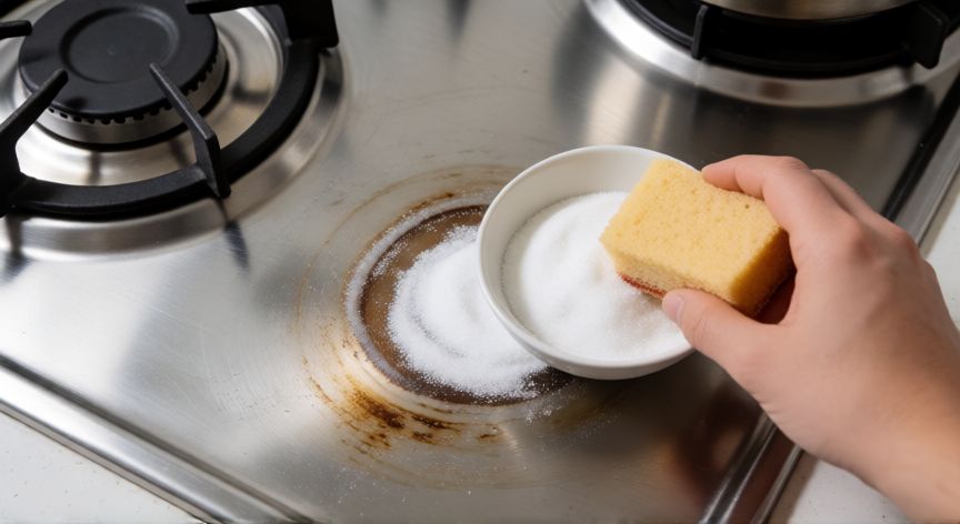 mejor producto para limpiar acero inoxidable estufa, Aplicación de pasta de bicarbonato para eliminar manchas difíciles en estufa