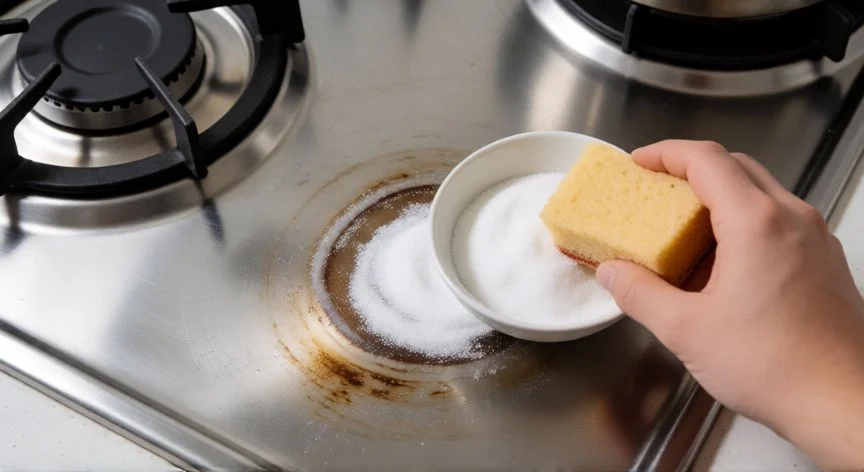 mejor producto para limpiar acero inoxidable estufa, Aplicación de pasta de bicarbonato para eliminar manchas difíciles en estufa