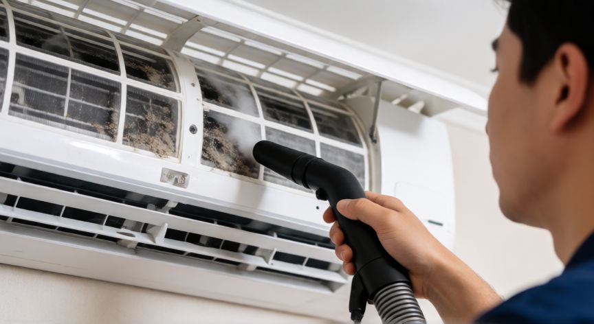 mejor producto para limpiar aire acondicionado, Aspirando polvo del filtro de aire acondicionado con aspiradora