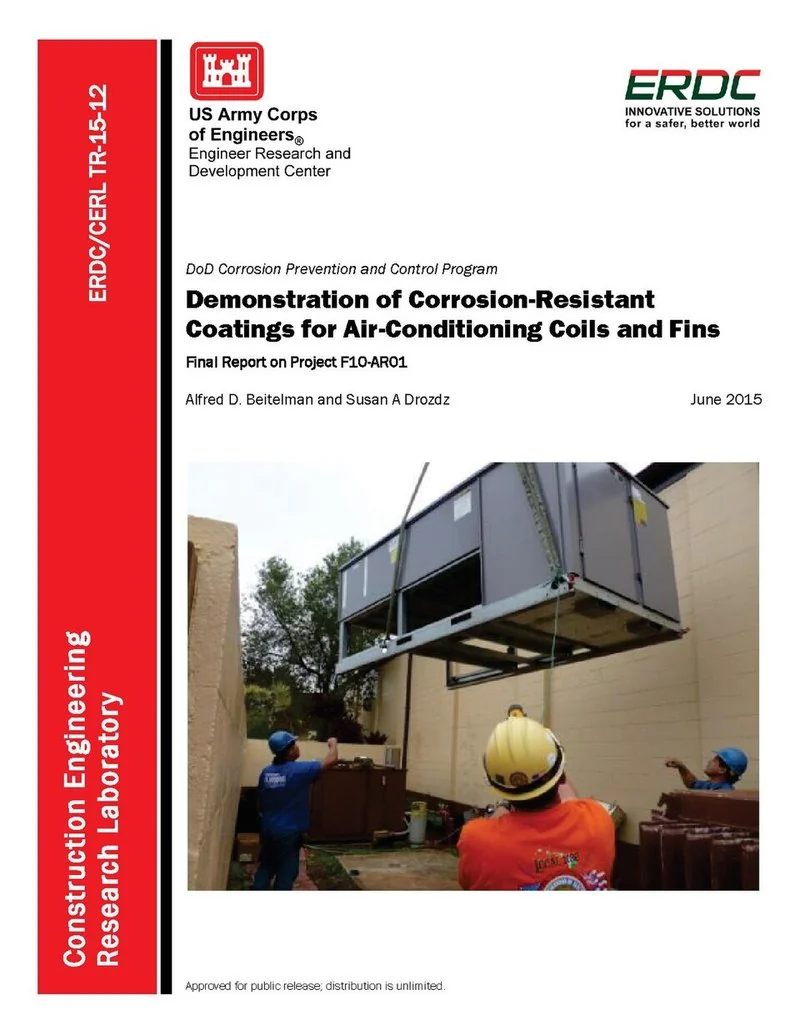 mejor producto para limpiar aire acondicionado, Informe del ERDC sobre recubrimientos anticorrosión para bobinas y aletas de aire acondicionado, con una unidad elevada por grúa