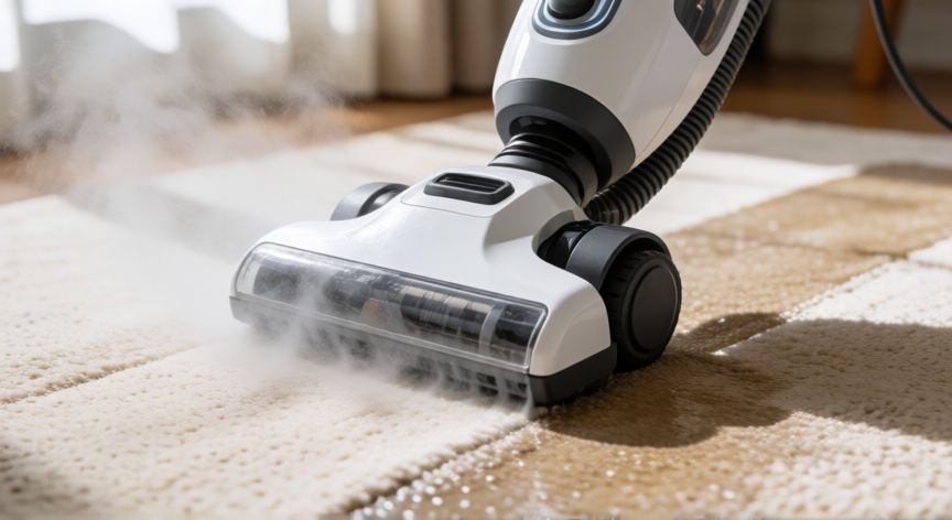 mejor producto para limpiar alfombras, Máquina de limpieza profunda inyectando agua en una alfombra de color beige