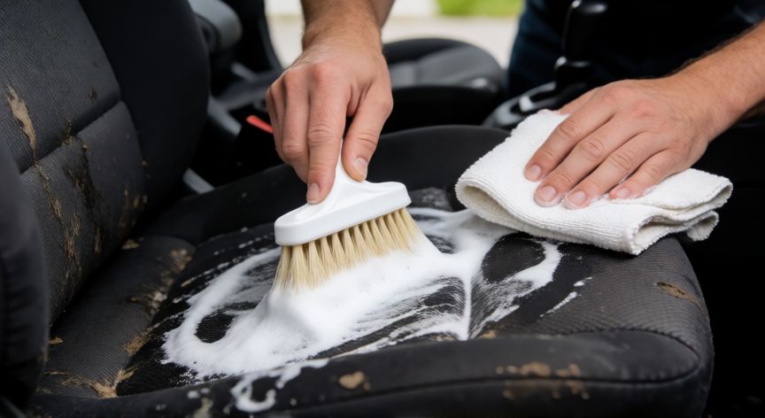 mejor producto para limpiar asientos de coche, Limpiador de espuma aplicado sobre un asiento de tela de coche con brocha y paño