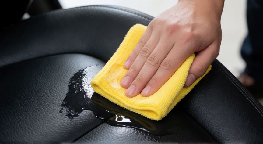 mejor producto para limpiar asientos de coche, Manteniendo un paño de microfibra amarilla sobre un asiento de cuero negro del coche durante la limpieza