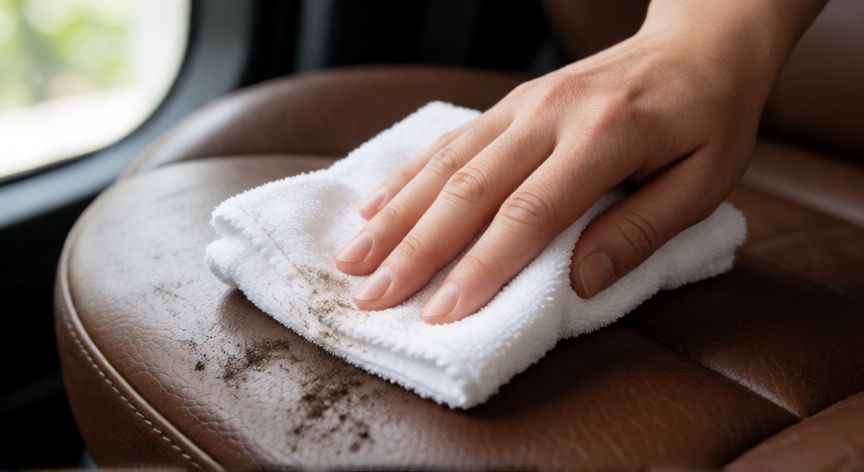 mejor producto para limpiar asientos de cuero coche, Limpiando un asiento de cuero marrón con una toalla de microfibra y producto específico